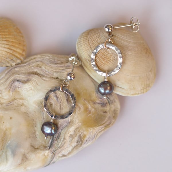 Blue Pearl Dangle Earrings with Hammered Sterling Silver Rings
