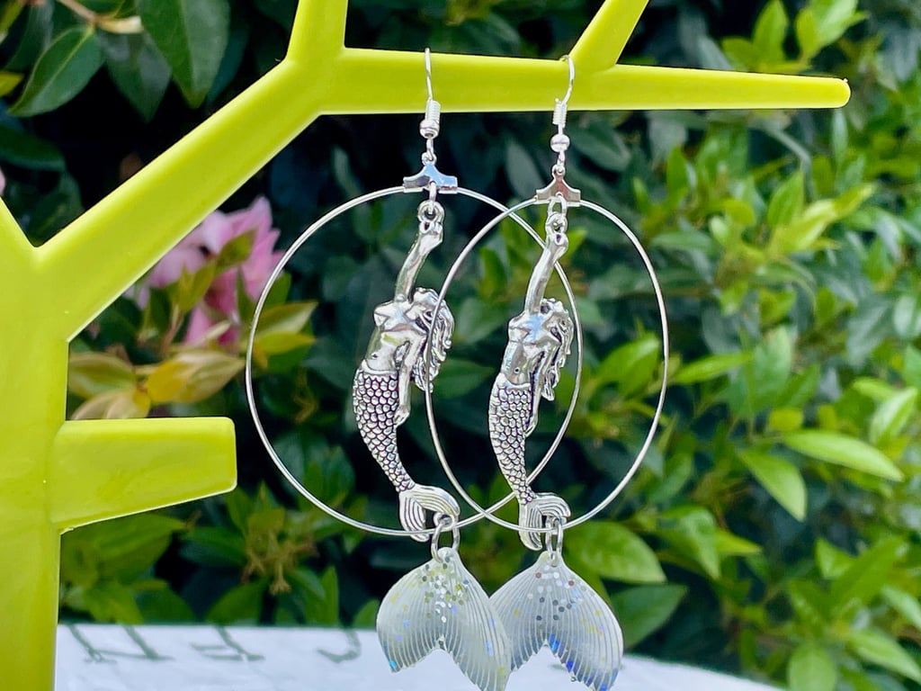 MERMAID HOOPS EARRINGS silver plate resin glitter extra large statement boho 