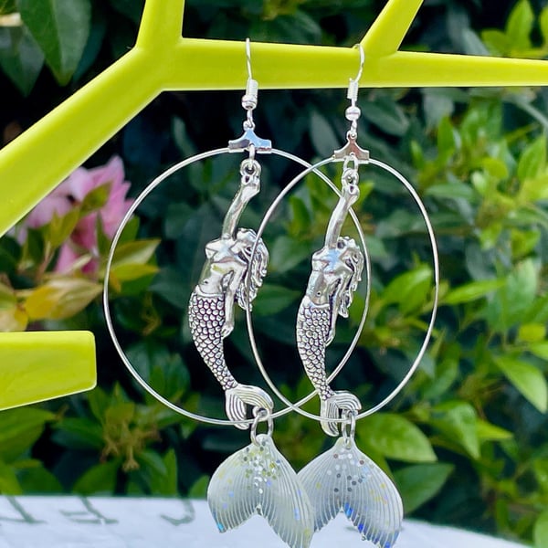 MERMAID HOOPS EARRINGS silver plate resin glitter extra large statement boho 