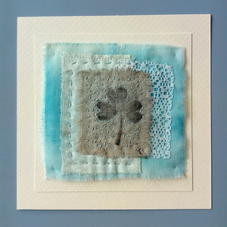 Textile Art with Hand Printed Clover Leaf 