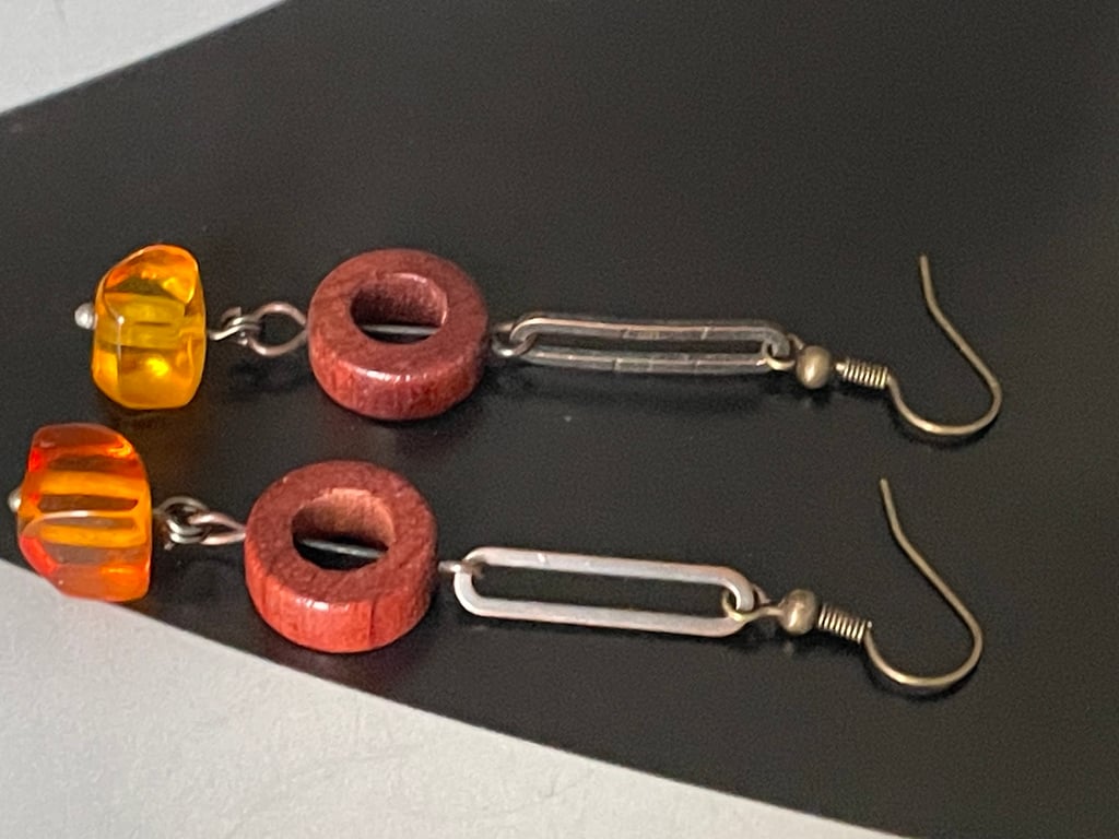 Artisan handmade Baltic amber and wood long dangling earrings 