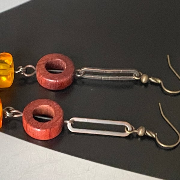 Artisan handmade Baltic amber and wood long dangling earrings 
