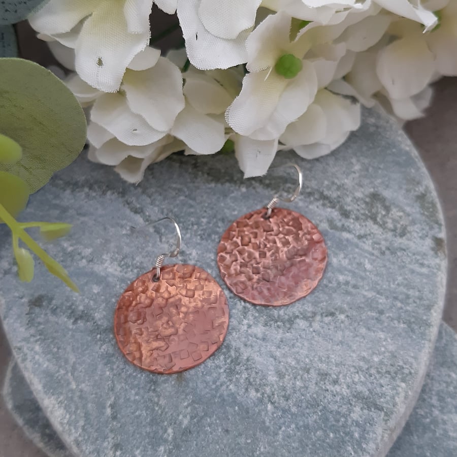  Round Shaped Oxidised Copper Earrings With Sterling Silver Ear Wires