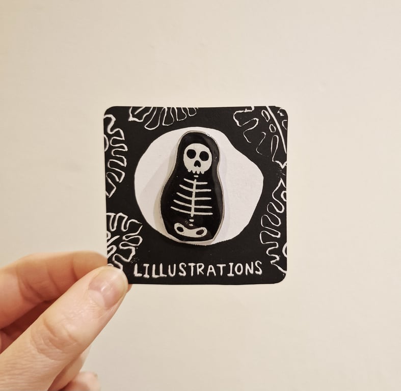 Skeleton Russian Doll Lino Printed Pin Badge
