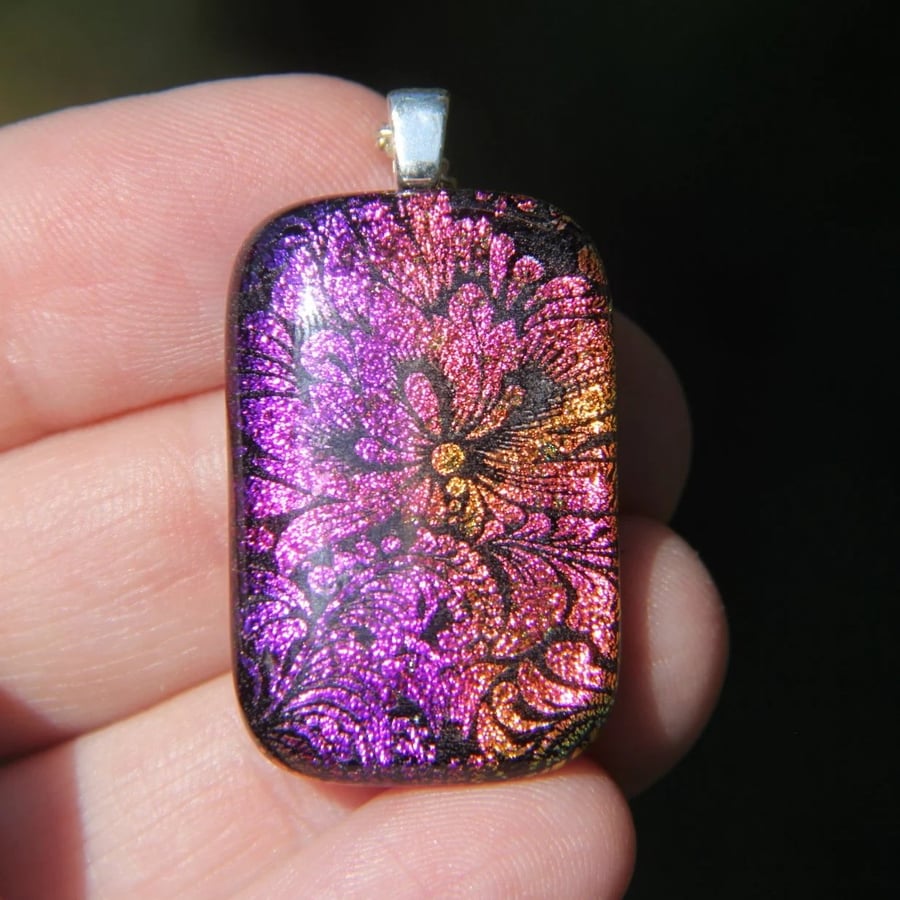 Pink Orange Flower Swirl Dichroic Glass Pendant,  Fused Glass Necklace F36