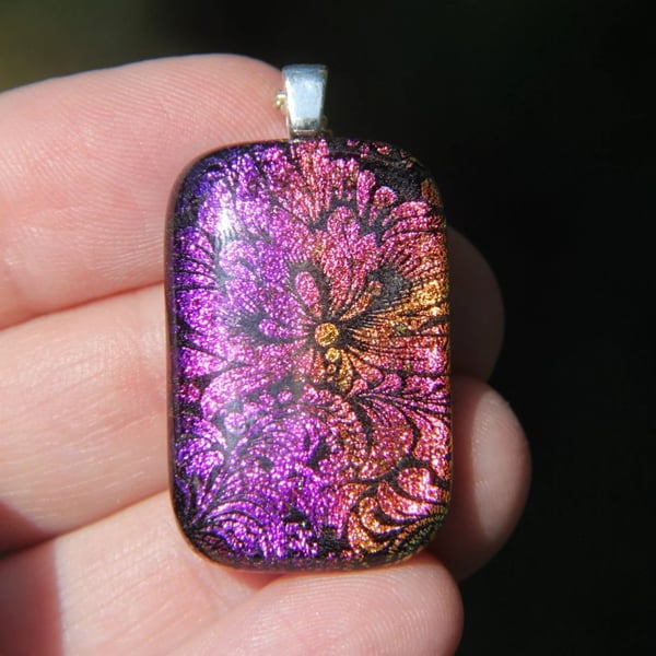 Pink Orange Flower Swirl Dichroic Glass Pendant,  Fused Glass Necklace F36