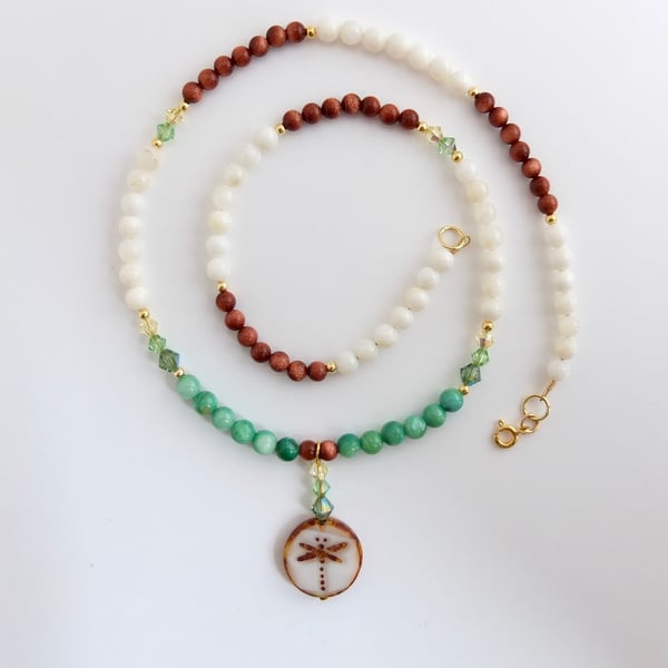 Dragonfly Pendant With Swarovski Crystals, Goldstone, White & Green Shell Beads.