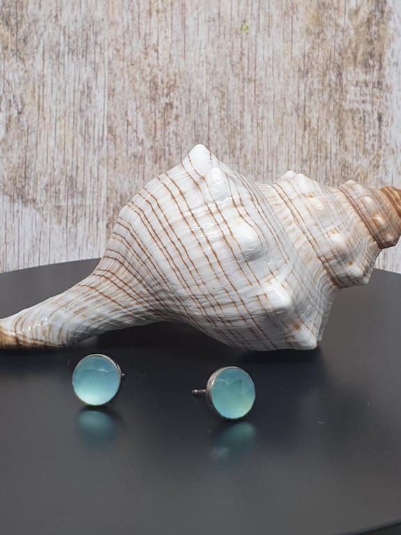 Sterling Silver 925 Aqua Chalcedony Stone Stud Earrings