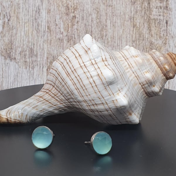 Sterling Silver 925 Aqua Chalcedony Stone Stud Earrings