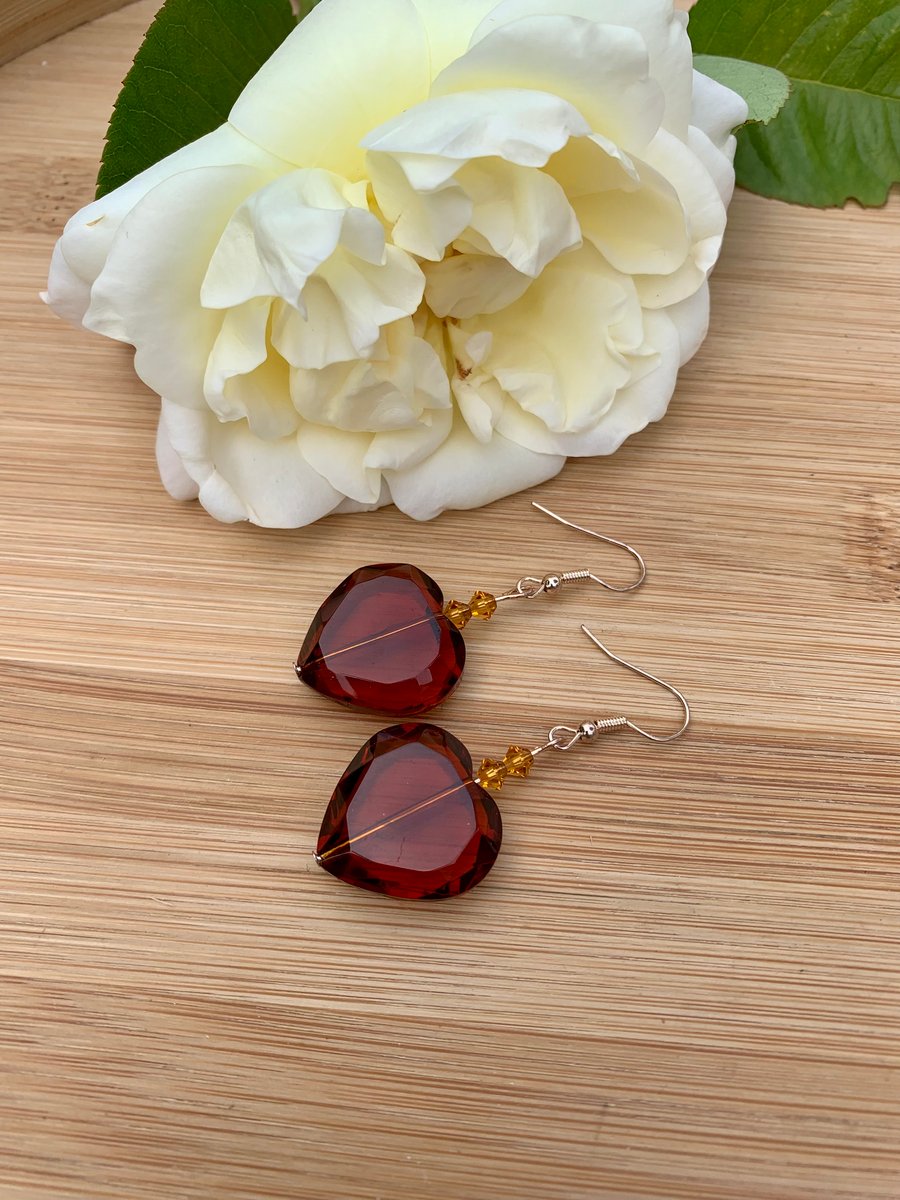 Deep Amber Heart Crystal and Swarovski Dangle Earrings, Rose Gold Plated