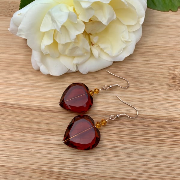 Deep Amber Heart Crystal and Swarovski Dangle Earrings, Rose Gold Plated