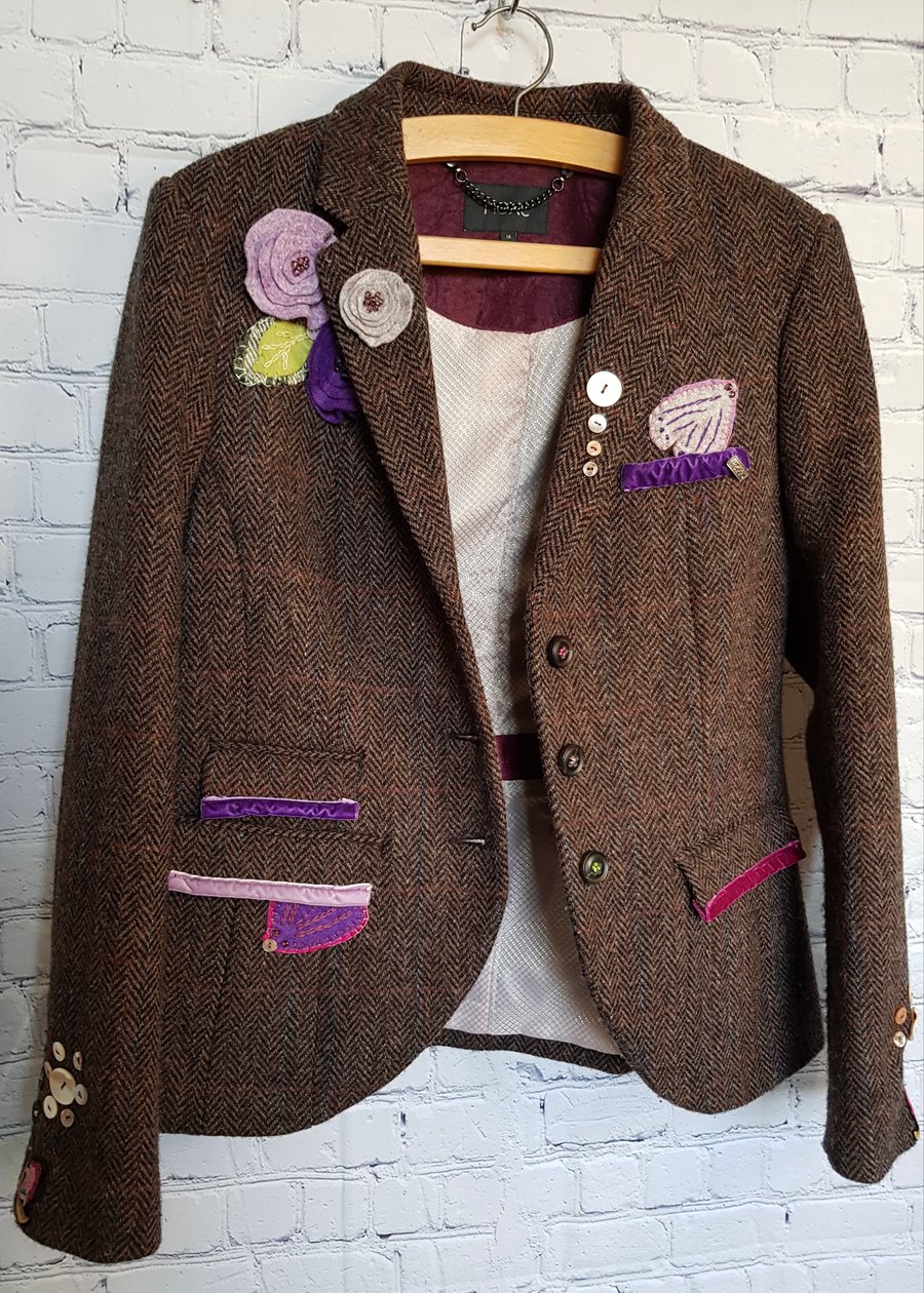 Hand appliquéd, up cycled, ladies Harris Tweed Jacket, fitted size 14