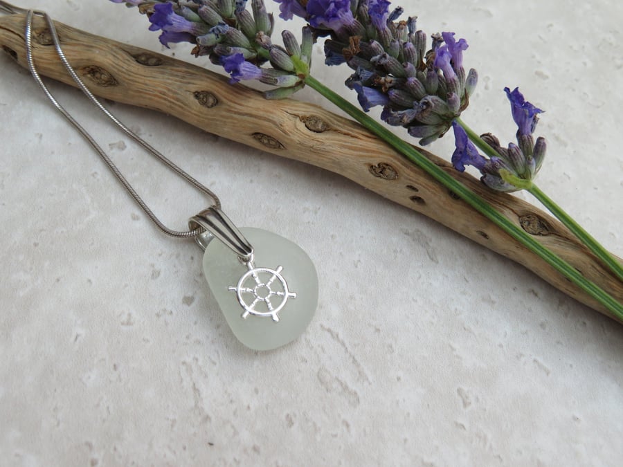 White Sea Glass Pendant Necklace with Ship Wheel Charm