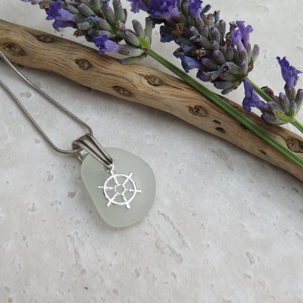 White Sea Glass Pendant Necklace with Ship Wheel Charm