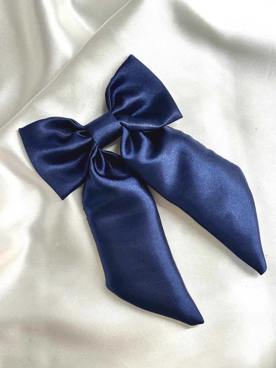 Blue Hair Bow Satin Hair Accessories Big Oversized Hair Bow Clip For Girls Navy
