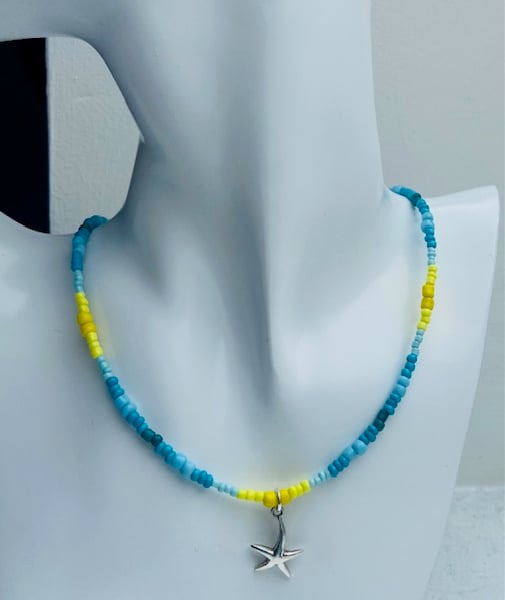 Beachy Turquoise & Yellow Bead Necklace with Sterling Silver Starfish