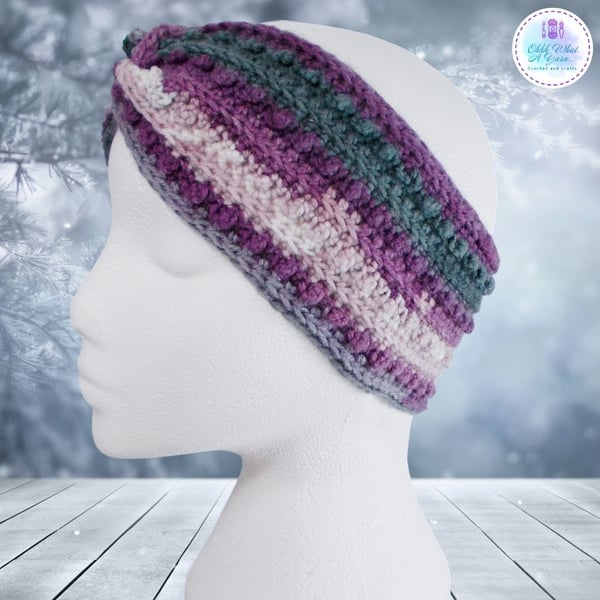 Crochet purple, lilac and grey twist headband earwarmer  Purple headband. 