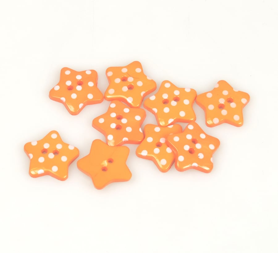 10 x Orange star shaped plastic button, with white spots, Plastic buttons, Stars