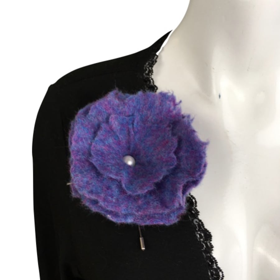Felted flower brooch, corsage, purple