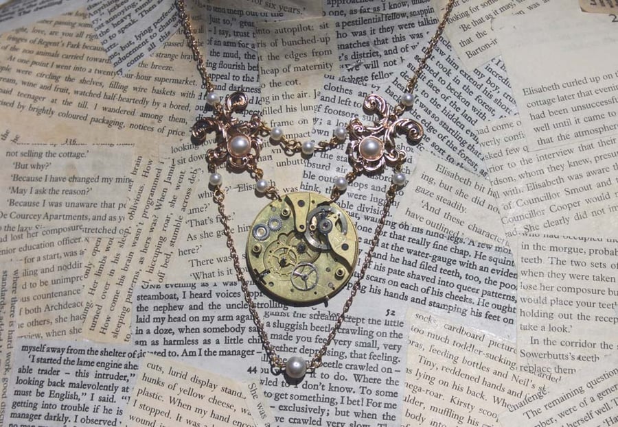 Steampunk Pearl Gold Statement Vintage Necklace