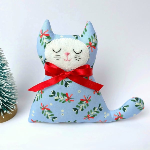 Christmas Cat Lavender Sachet in Blue Mistletoe Fabric