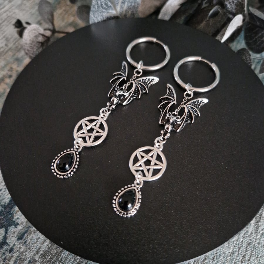 Gothic Bat Pentagram Witchy Hoop Earrings