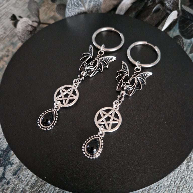 Gothic Bat Pentagram Witchy Hoop Earrings