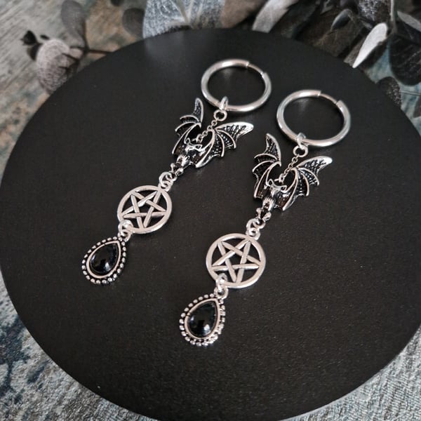 Gothic Bat Pentagram Witchy Hoop Earrings