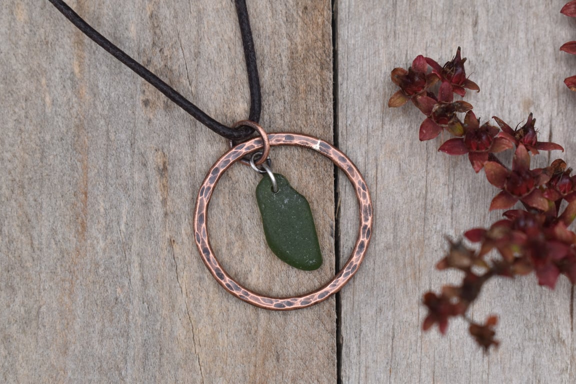 Dark Green Sea Glass and Copper Adjustable Waxed Cotton Cord Necklace