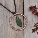 Dark Green Sea Glass and Copper Adjustable Waxed Cotton Cord Necklace