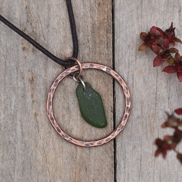 Dark Green Sea Glass and Copper Adjustable Waxed Cotton Cord Necklace