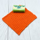 Hand knitted cotton wash cloth - orange