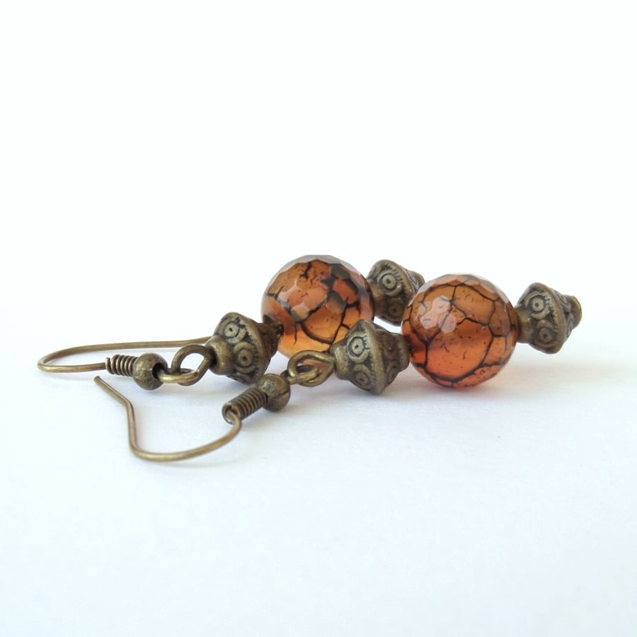 Brown agate handmade bronze earrings, vintage style with dragonvein agate