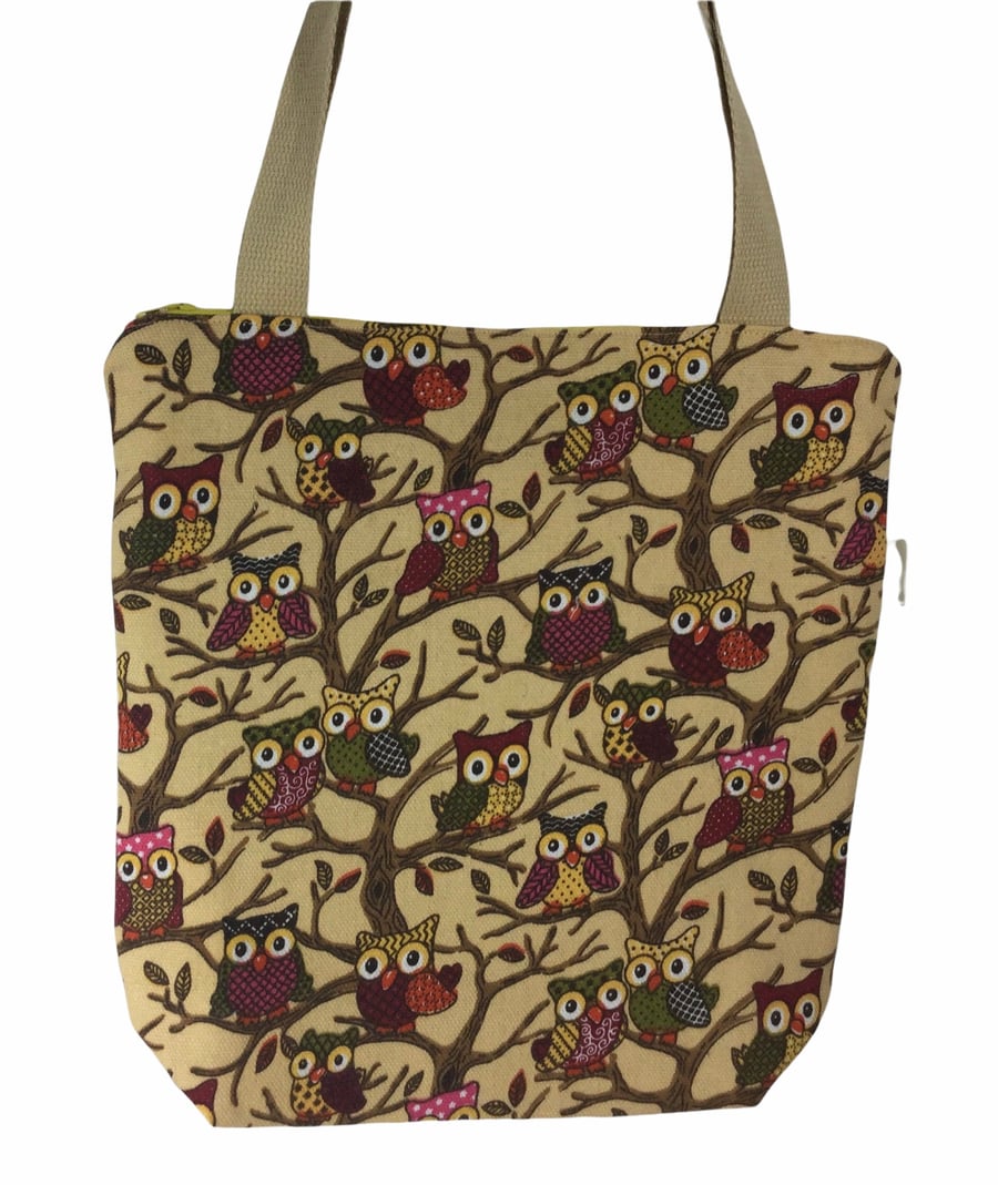Small owls canvas tote bag with zip closure, cotton owl birds book purse, bag wi