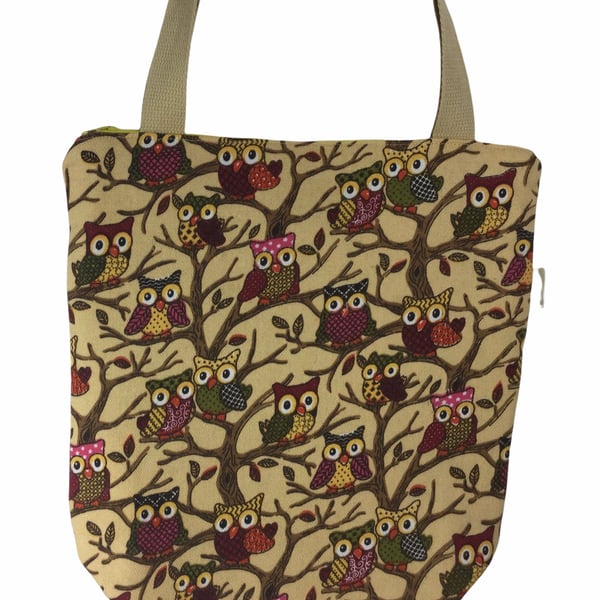 Small owls canvas tote bag with zip closure, cotton owl birds book purse, bag wi