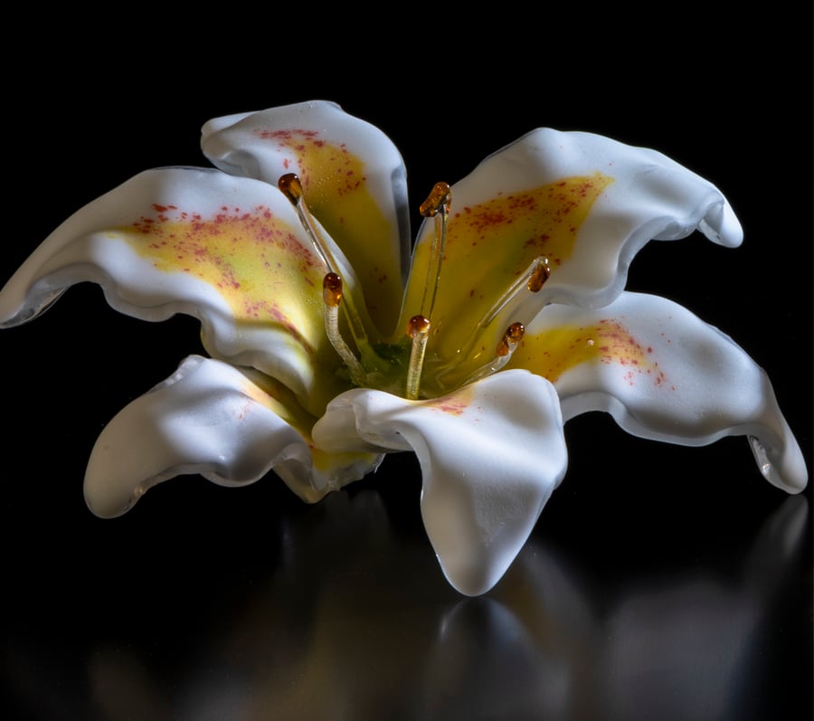 Handmade Fused Glass Matte Striped Yellow and Red Stargazer Lily with Wall Mount
