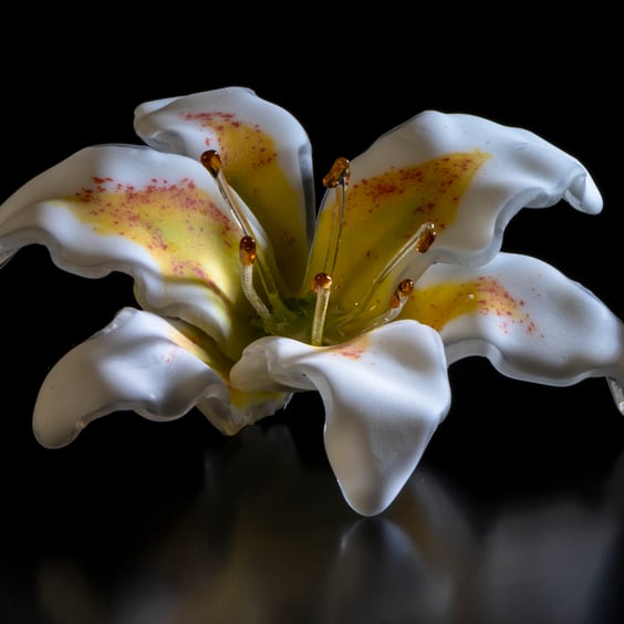 Handmade Fused Glass Matte Striped Yellow and Red Stargazer Lily with Wall Mount