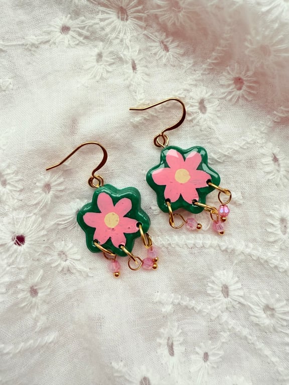 Pink Flower Shaped Earrings with Glass Bead Dangles - FREE DELIVERY