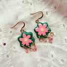 Pink Flower Shaped Earrings with Glass Bead Dangles - FREE DELIVERY
