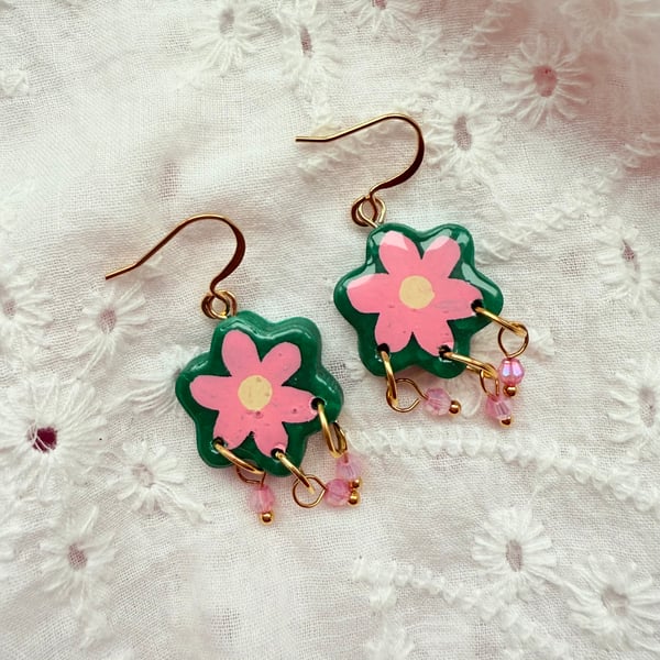 Pink Flower Shaped Earrings with Glass Bead Dangles - FREE DELIVERY