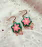 Pink Flower Shaped Earrings with Glass Bead Dangles - FREE DELIVERY