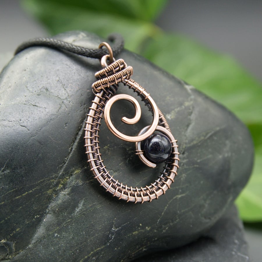 Copper Wire Weave Spiral Drop Pendant with Blue Goldstone Bead