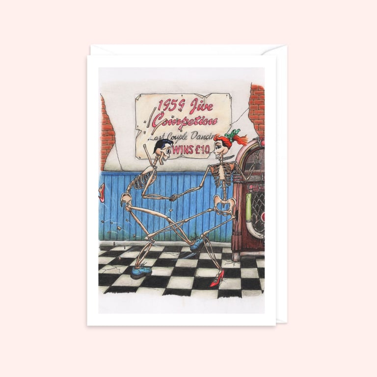 Dancing Skeletons Greeting Card:  Fun Cartoon Art for Any Occasion (504)