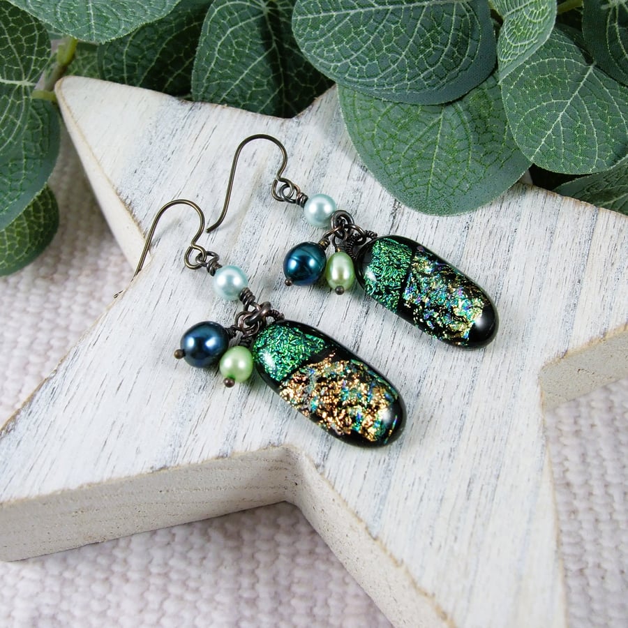 Earrings, Sparkly Dichroic Glass Droppers with Pearls & Niobium Earwires