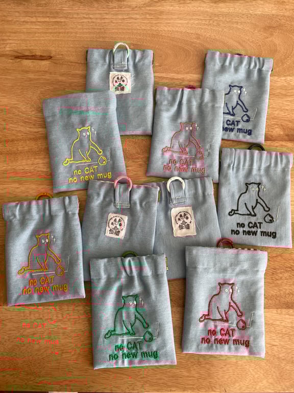 CAT slogan embroidery denim pouch with metal internal flex frame n spring O ring