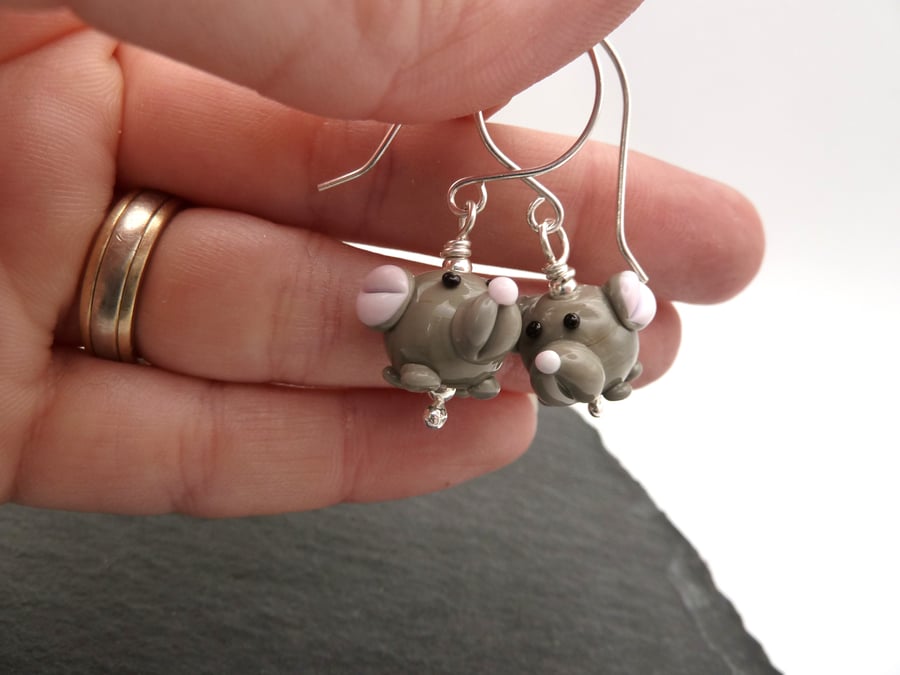 sterling silver earrings, lampwork glass mouse jewellery