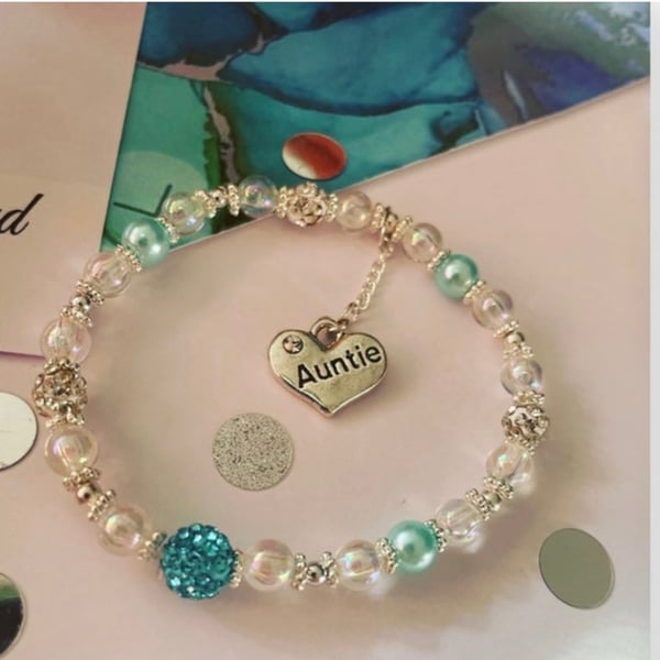 Auntie stretch beaded ab crystal personalised bracelet gift for auntie