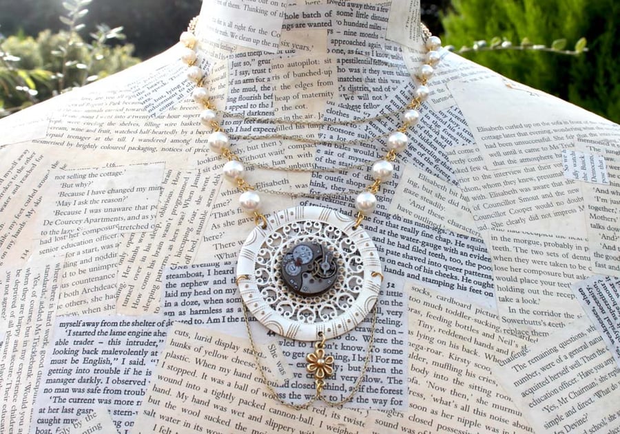 Steampunk Statement Vintage Watch Pearl and Gold Necklace