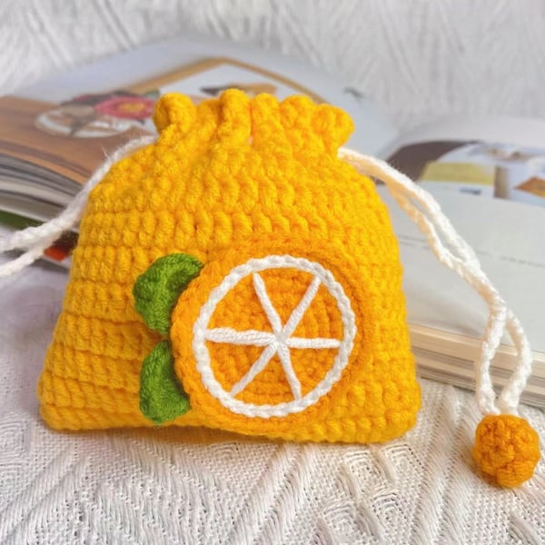 Crochet Orange Drawstring Bag