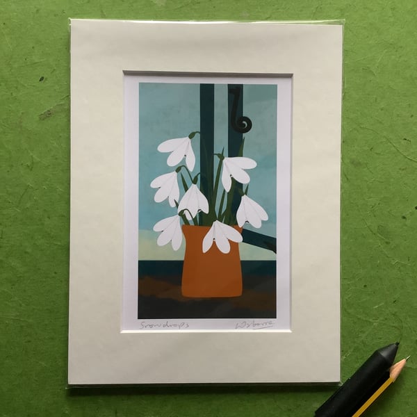 Snowdrops - signed print of snowdrop flowers in a vase